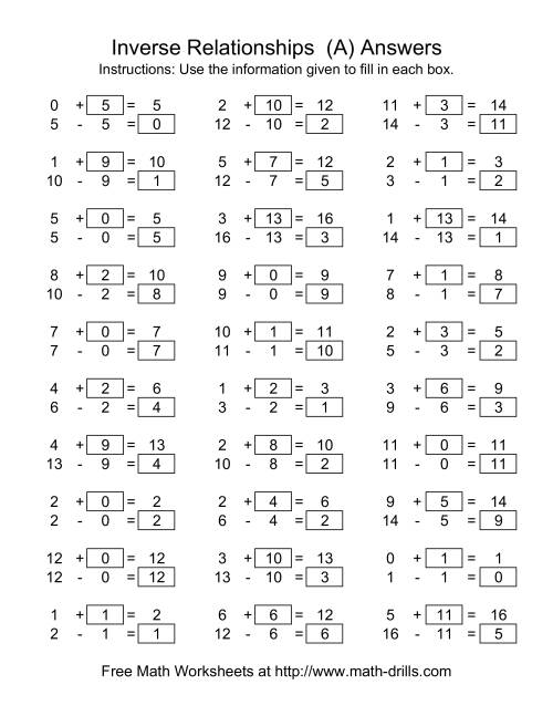 The Inverse Relationships (Two Blanks) -- Addition and Subtraction -- Range 1 to 18 (A) Math Worksheet Page 2