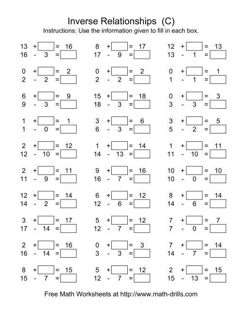 The Inverse Relationships (Two Blanks) -- Addition and Subtraction -- Range 1 to 18 (C) Math Worksheet