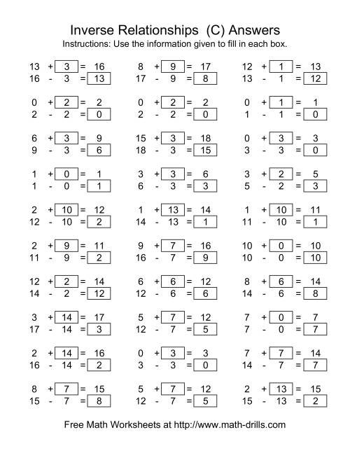 The Inverse Relationships (Two Blanks) -- Addition and Subtraction -- Range 1 to 18 (C) Math Worksheet Page 2