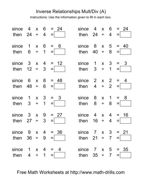 The Inverse Relationships -- Multiplication and Division -- Range 1 to 9 (A) Math Worksheet