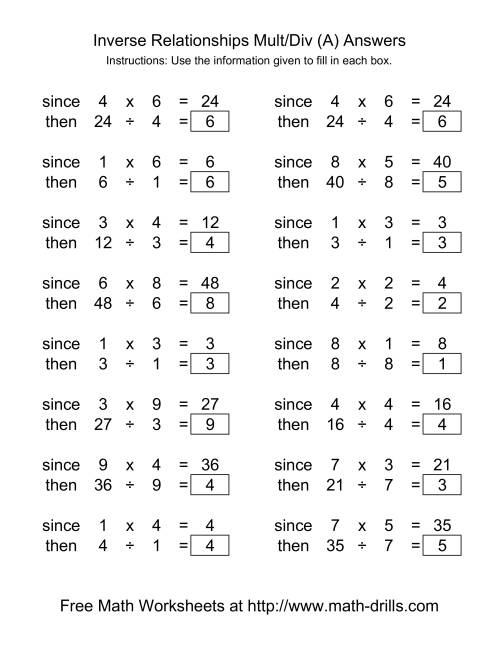 The Inverse Relationships -- Multiplication and Division -- Range 1 to 9 (A) Math Worksheet Page 2