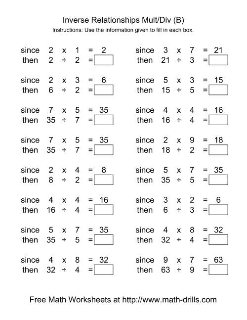 The Inverse Relationships -- Multiplication and Division -- Range 1 to 9 (B) Math Worksheet