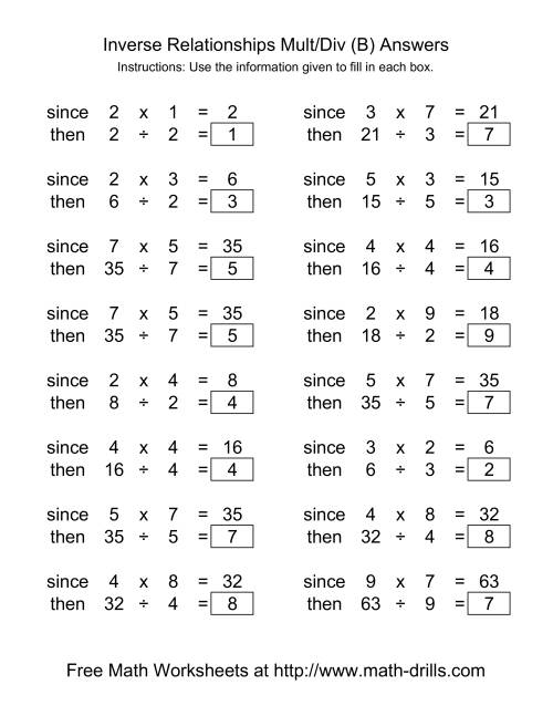 The Inverse Relationships -- Multiplication and Division -- Range 1 to 9 (B) Math Worksheet Page 2