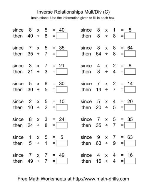 The Inverse Relationships -- Multiplication and Division -- Range 1 to 9 (C) Math Worksheet