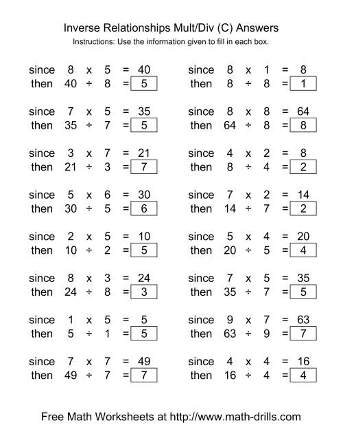 The Inverse Relationships -- Multiplication and Division -- Range 1 to 9 (C) Math Worksheet Page 2