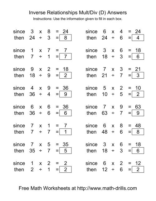 The Inverse Relationships -- Multiplication and Division -- Range 1 to 9 (D) Math Worksheet Page 2