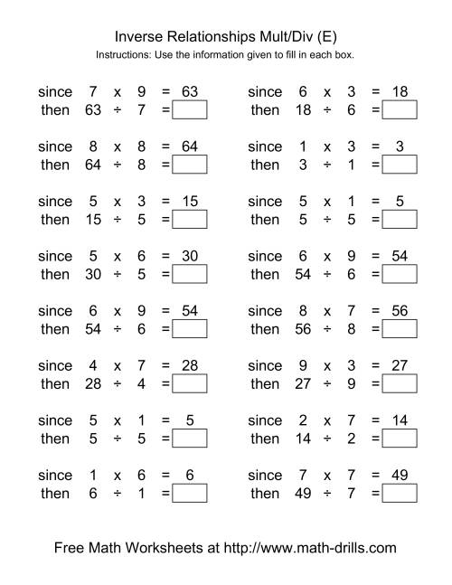 The Inverse Relationships -- Multiplication and Division -- Range 1 to 9 (E) Math Worksheet