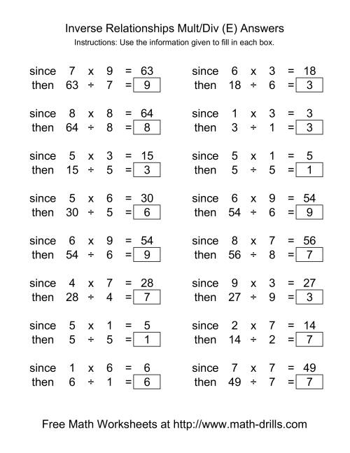 The Inverse Relationships -- Multiplication and Division -- Range 1 to 9 (E) Math Worksheet Page 2