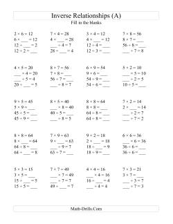 Inverse Relationships -- Multiplication and Division All Inverse Relationships -- Range 2 to 9