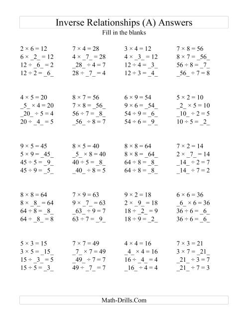 Division Inverse Of Multiplication Worksheets
