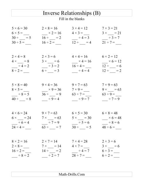 The Inverse Relationships -- Multiplication and Division All Inverse Relationships -- Range 2 to 9 (B) Math Worksheet