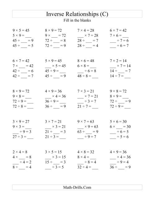 The Inverse Relationships -- Multiplication and Division All Inverse Relationships -- Range 2 to 9 (C) Math Worksheet