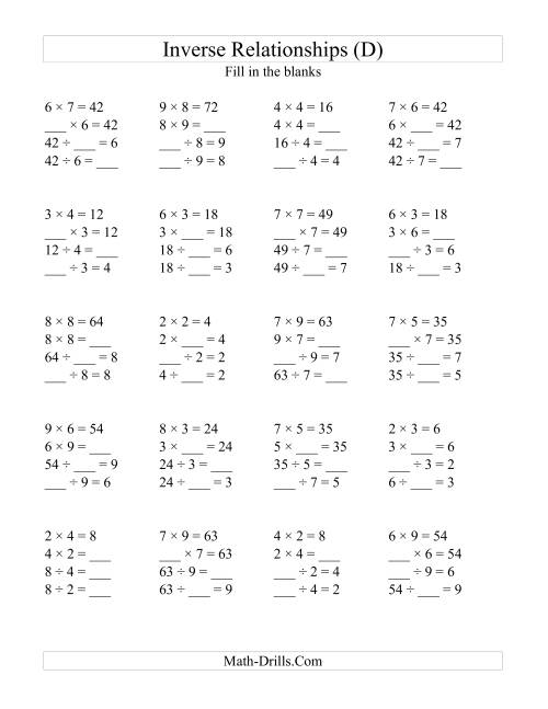 The Inverse Relationships -- Multiplication and Division All Inverse Relationships -- Range 2 to 9 (D) Math Worksheet