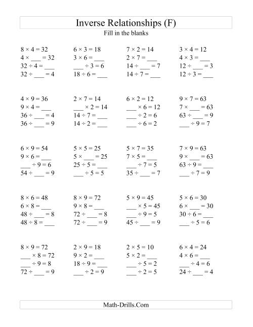 The Inverse Relationships -- Multiplication and Division All Inverse Relationships -- Range 2 to 9 (F) Math Worksheet