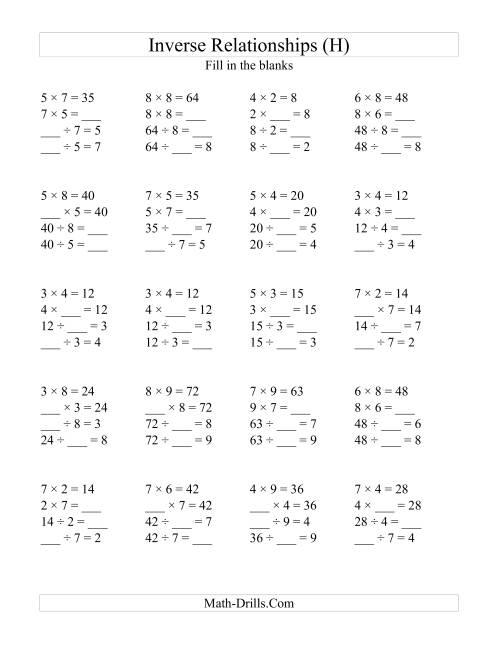 The Inverse Relationships -- Multiplication and Division All Inverse Relationships -- Range 2 to 9 (H) Math Worksheet