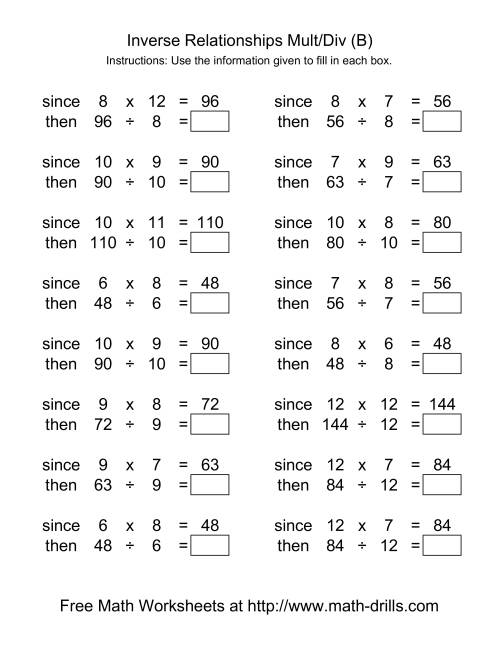 The Inverse Relationships -- Multiplication and Division -- Range 5 to 12 (B) Math Worksheet