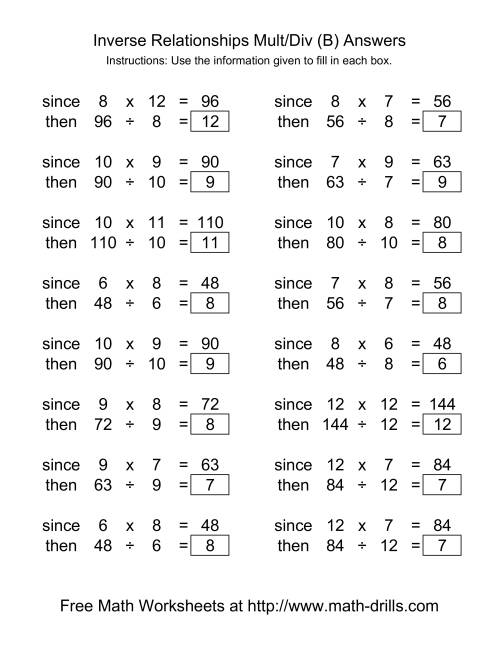The Inverse Relationships -- Multiplication and Division -- Range 5 to 12 (B) Math Worksheet Page 2