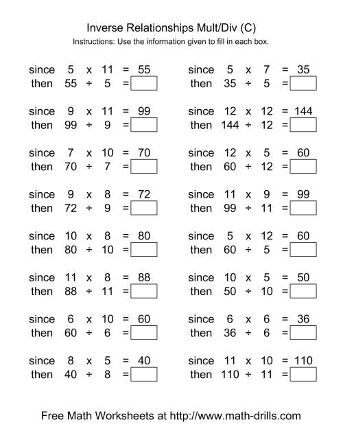 The Inverse Relationships -- Multiplication and Division -- Range 5 to 12 (C) Math Worksheet