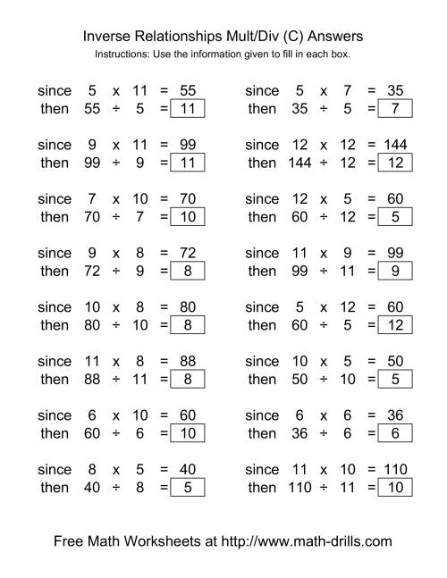 The Inverse Relationships -- Multiplication and Division -- Range 5 to 12 (C) Math Worksheet Page 2