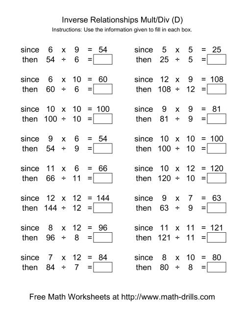 The Inverse Relationships -- Multiplication and Division -- Range 5 to 12 (D) Math Worksheet