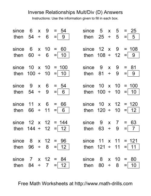 The Inverse Relationships -- Multiplication and Division -- Range 5 to 12 (D) Math Worksheet Page 2