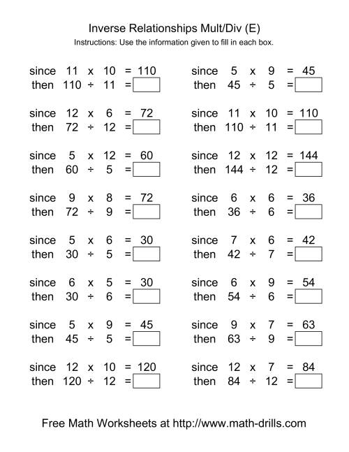 The Inverse Relationships -- Multiplication and Division -- Range 5 to 12 (E) Math Worksheet