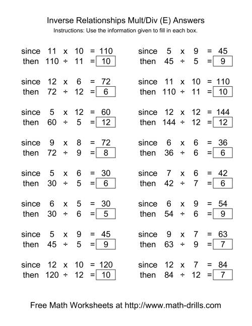 The Inverse Relationships -- Multiplication and Division -- Range 5 to 12 (E) Math Worksheet Page 2