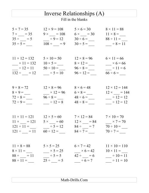 The Inverse Relationships -- Multiplication and Division All Inverse Relationships -- Range 5 to 12 (A) Math Worksheet