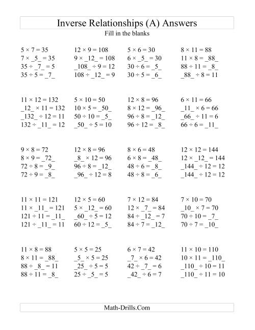 The Inverse Relationships -- Multiplication and Division All Inverse Relationships -- Range 5 to 12 (A) Math Worksheet Page 2