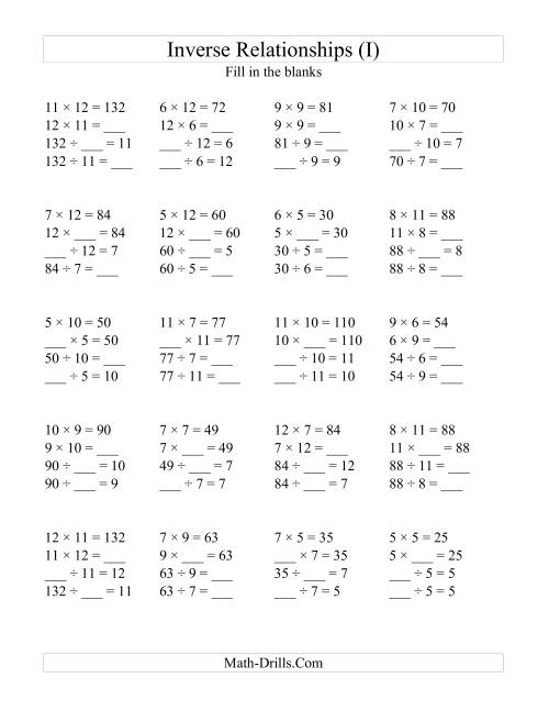 Multiplication And Division Inverse Relationship Worksheet