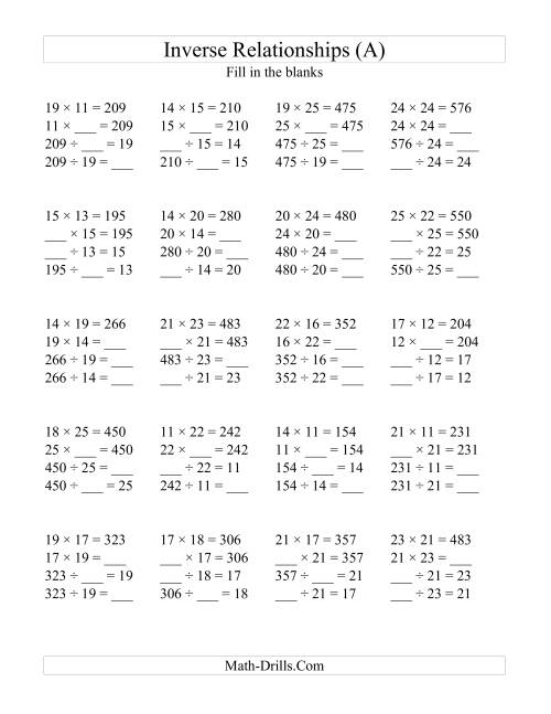 The Inverse Relationships -- Multiplication and Division All Inverse Relationships -- Range 10 to 25 (A) Math Worksheet