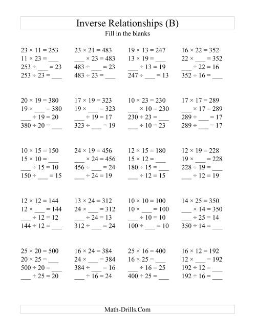 The Inverse Relationships -- Multiplication and Division All Inverse Relationships -- Range 10 to 25 (B) Math Worksheet