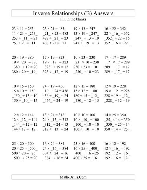 The Inverse Relationships -- Multiplication and Division All Inverse Relationships -- Range 10 to 25 (B) Math Worksheet Page 2