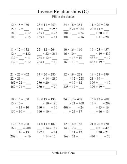 The Inverse Relationships -- Multiplication and Division All Inverse Relationships -- Range 10 to 25 (C) Math Worksheet