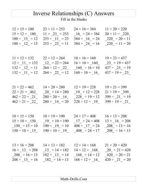 The Inverse Relationships -- Multiplication and Division All Inverse Relationships -- Range 10 to 25 (C) Math Worksheet Page 2
