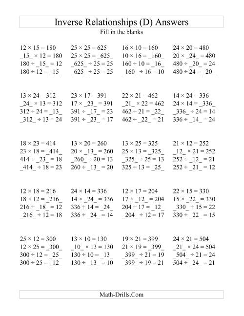The Inverse Relationships -- Multiplication and Division All Inverse Relationships -- Range 10 to 25 (D) Math Worksheet Page 2