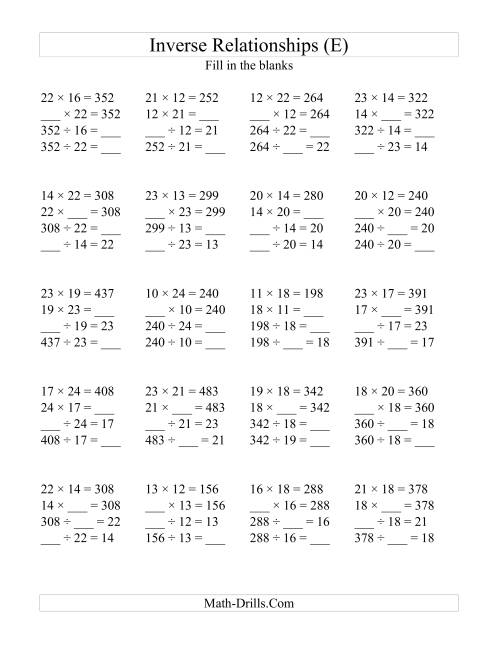The Inverse Relationships -- Multiplication and Division All Inverse Relationships -- Range 10 to 25 (E) Math Worksheet
