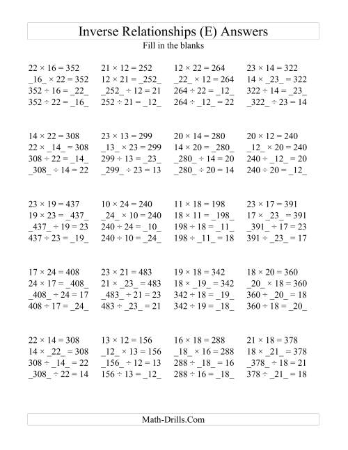 The Inverse Relationships -- Multiplication and Division All Inverse Relationships -- Range 10 to 25 (E) Math Worksheet Page 2