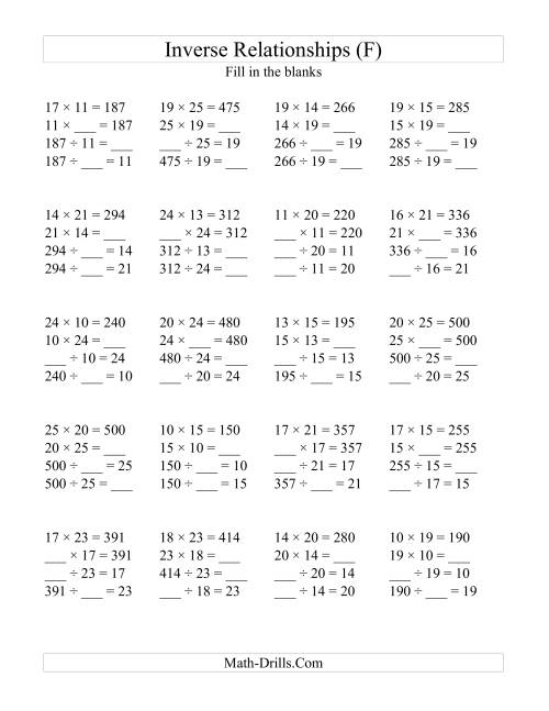 The Inverse Relationships -- Multiplication and Division All Inverse Relationships -- Range 10 to 25 (F) Math Worksheet