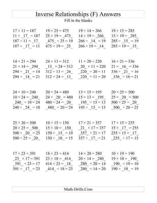 The Inverse Relationships -- Multiplication and Division All Inverse Relationships -- Range 10 to 25 (F) Math Worksheet Page 2