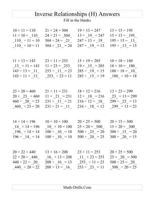The Inverse Relationships -- Multiplication and Division All Inverse Relationships -- Range 10 to 25 (H) Math Worksheet Page 2
