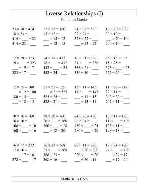 The Inverse Relationships -- Multiplication and Division All Inverse Relationships -- Range 10 to 25 (I) Math Worksheet