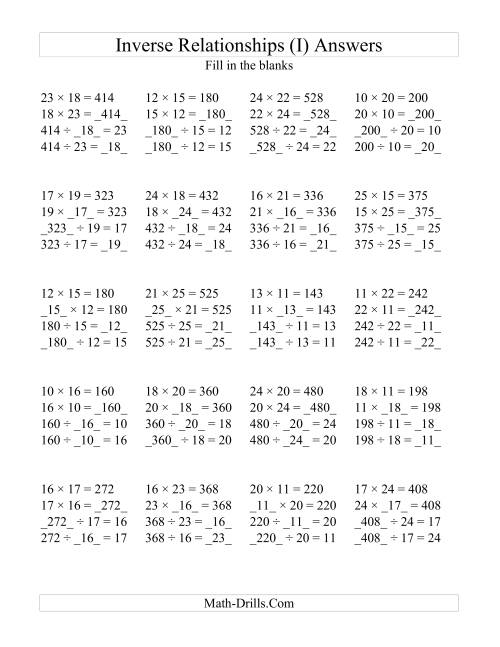 The Inverse Relationships -- Multiplication and Division All Inverse Relationships -- Range 10 to 25 (I) Math Worksheet Page 2