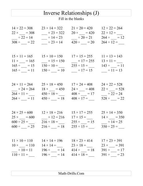 The Inverse Relationships -- Multiplication and Division All Inverse Relationships -- Range 10 to 25 (J) Math Worksheet