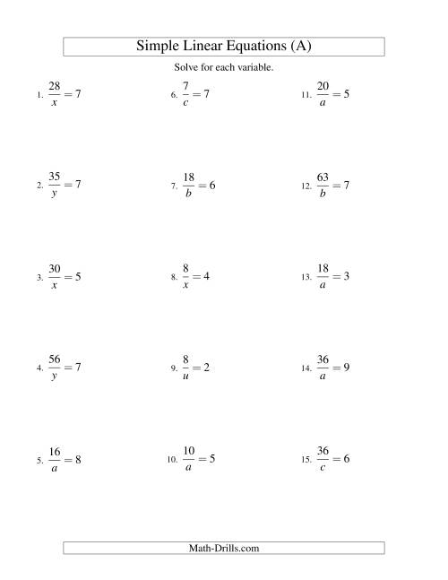 The Solving Linear Equations -- Form a/x = c (A) Math Worksheet