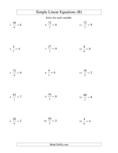 The Solving Linear Equations -- Form a/x = c (B) Math Worksheet