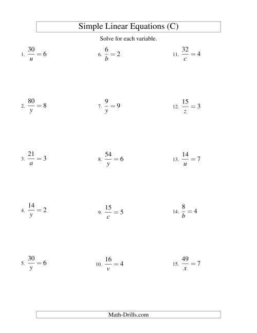 The Solving Linear Equations -- Form a/x = c (C) Math Worksheet