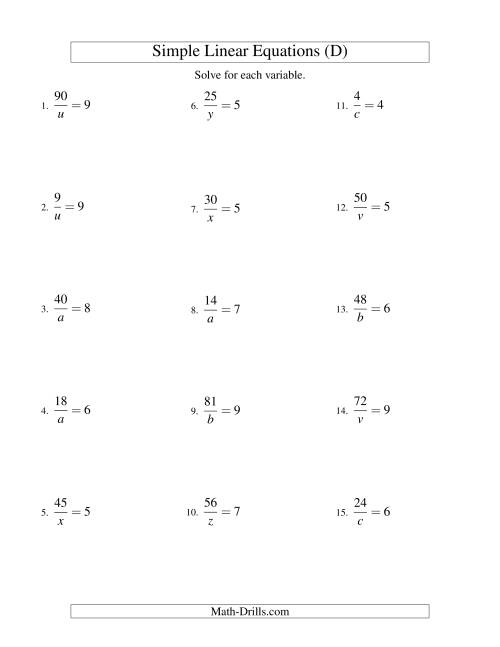 The Solving Linear Equations -- Form a/x = c (D) Math Worksheet