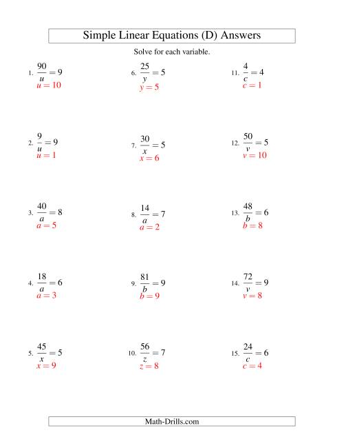 The Solving Linear Equations -- Form a/x = c (D) Math Worksheet Page 2