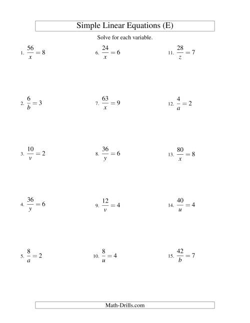 The Solving Linear Equations -- Form a/x = c (E) Math Worksheet